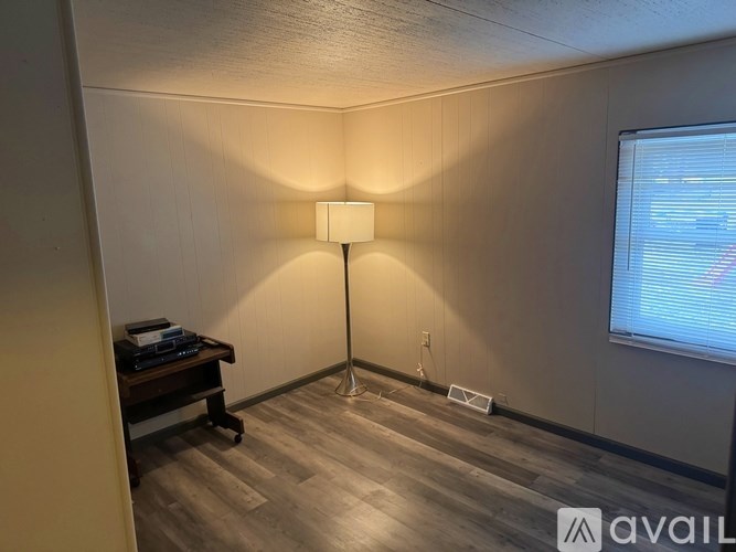 A lamp stands in a corner of a room with a wooden floor.