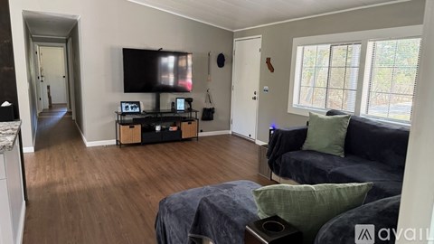 A living room with a grey couch and a television on a stand.