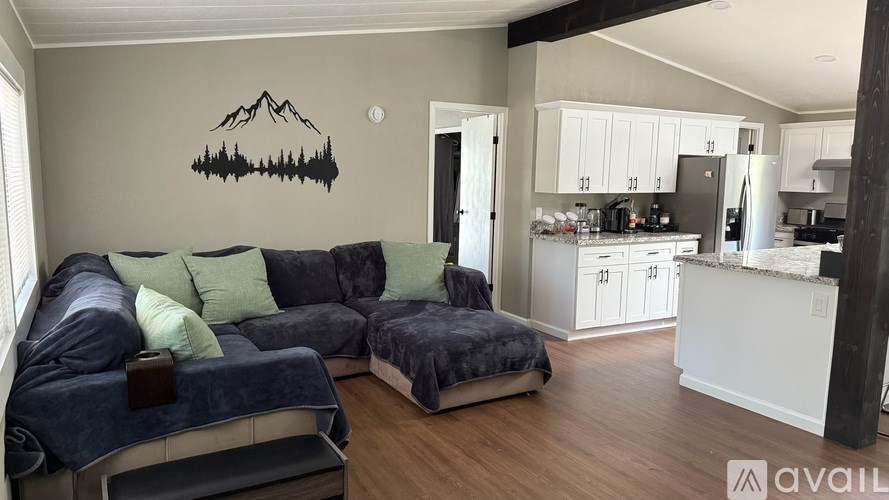 A living room with a couch and a kitchen in the background.