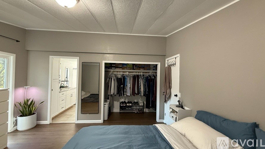 A bedroom with a large bed, a wardrobe, and a vanity with a plant.