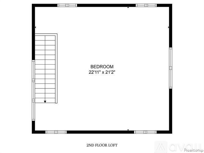 A floor plan for a 2nd floor loft bedroom measuring 22 feet by 21 feet.