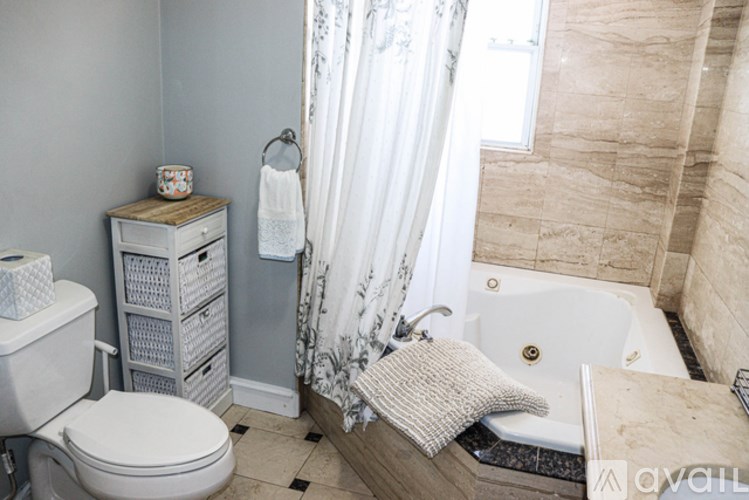 A bathroom with a toilet, a cabinet, a shower curtain, and a bathtub.