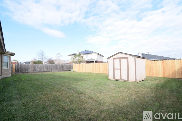 A backyard with a wooden fence and a shed.