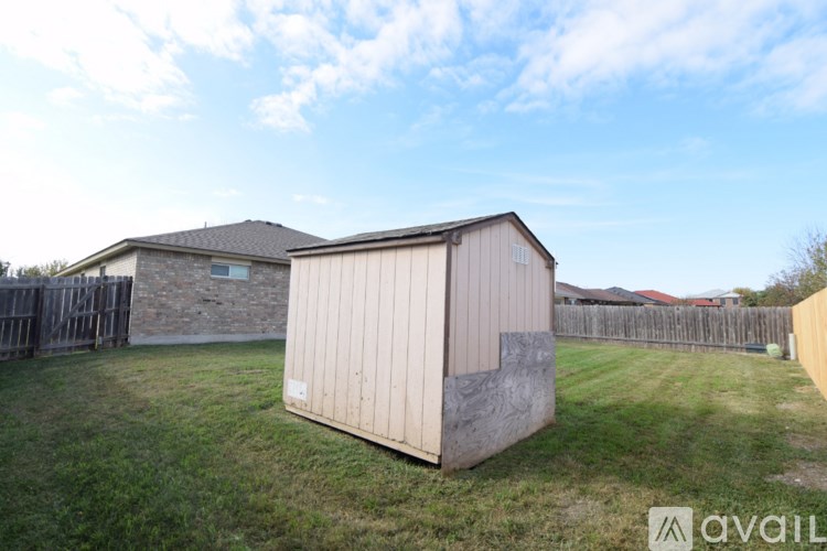 A shed sits in a grassy backyard.
