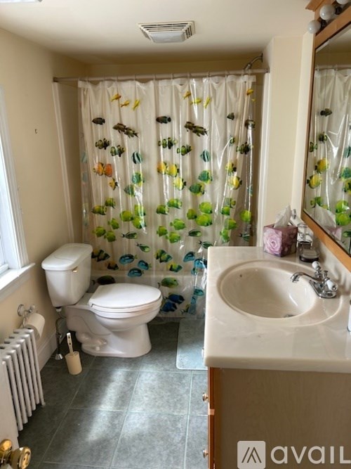 A bathroom with a toilet, sink, and shower curtain.