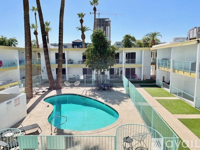 A pool surrounded by a fence and palm trees.