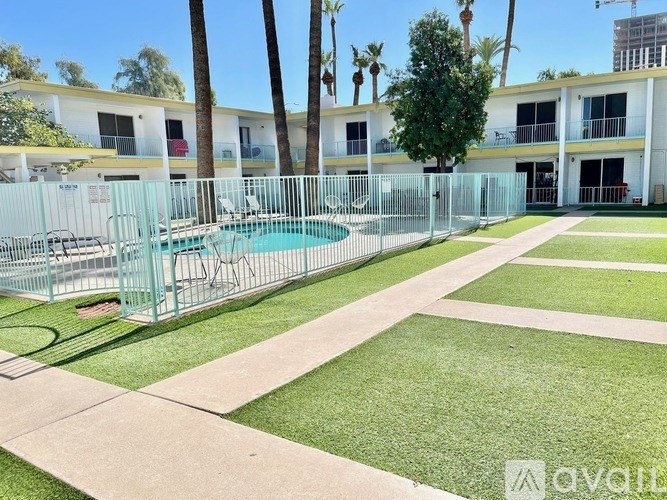 A pool surrounded by a fence and palm trees.