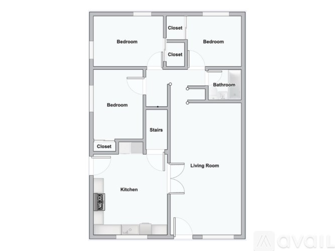 A floor plan of an apartment with two bedrooms, a living room, a kitchen, and a bathroom.