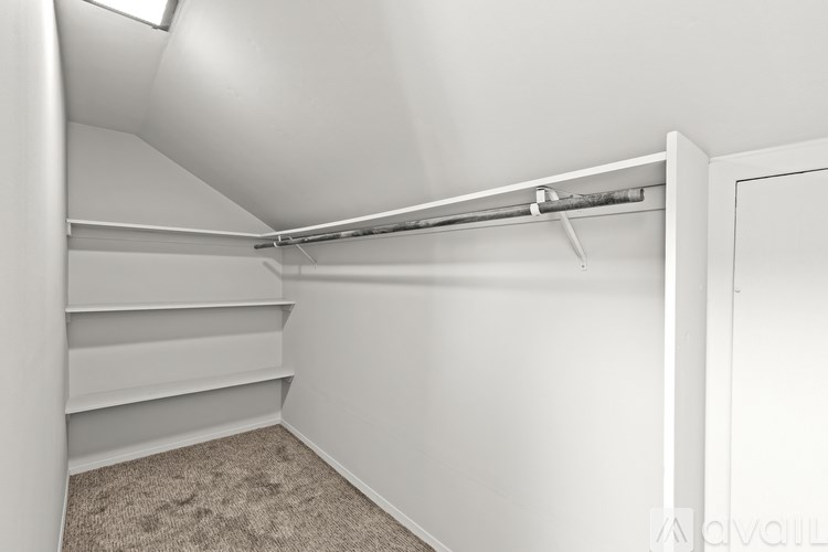 A white closet with a carpeted floor and a white door.
