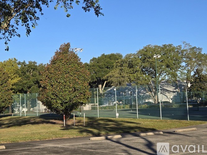 A tree in a park with a fence and a sign that says "AVAIL".