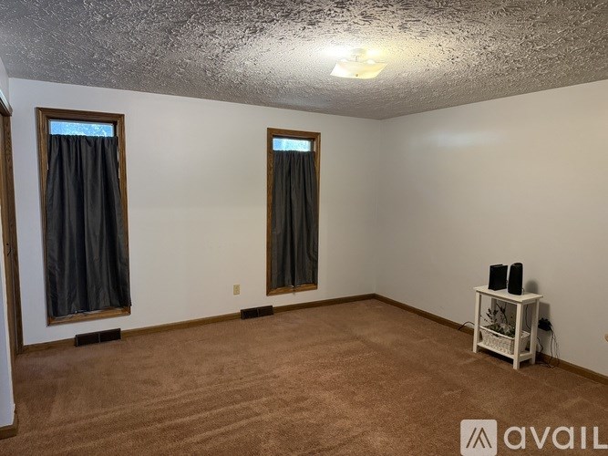 A room with two windows and a carpeted floor.