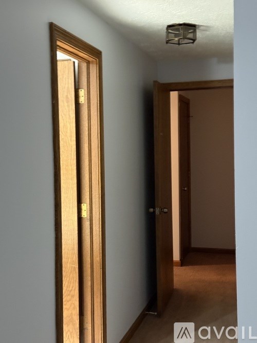 A hallway with a wooden door and a light on the ceiling.