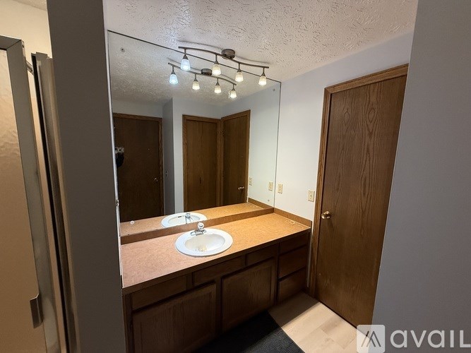 A bathroom with a sink and mirror.