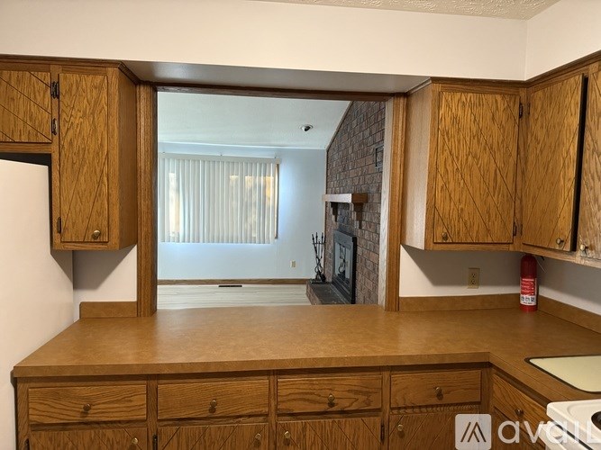 A kitchen with wooden cabinets and a countertop.