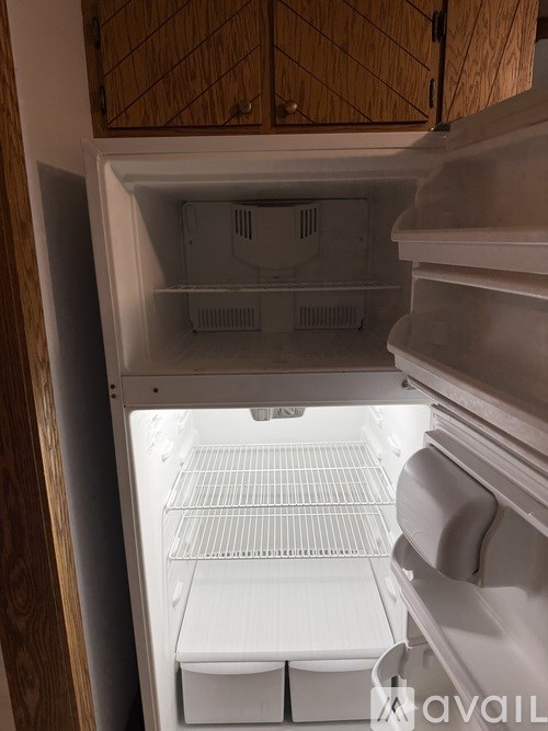 A white refrigerator with the door open and shelves inside.