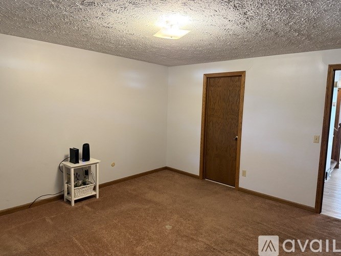 A room with a brown carpet and a white wall with a wooden door.