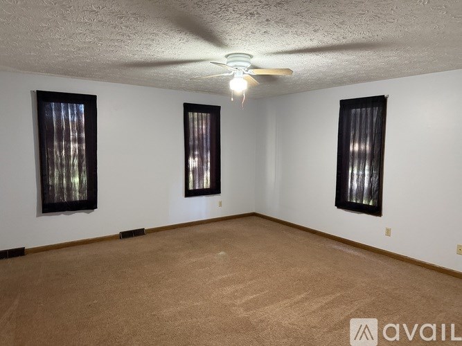 A room with a carpeted floor and two windows with curtains.