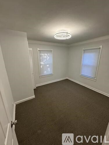 A room with carpeted floor, two windows, and a door.