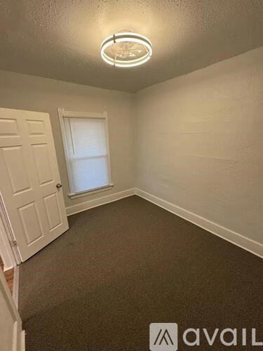 A room with a carpeted floor, a ceiling light, and a door.