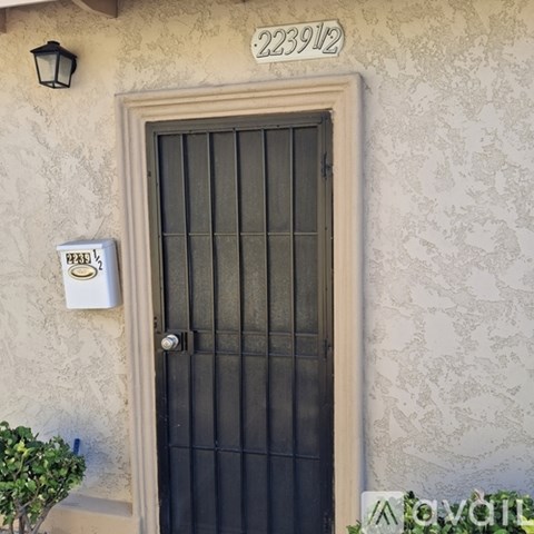 A black door with a glass panel and a mailbox on the wall.