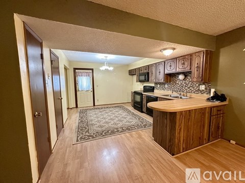 A kitchen with wooden cabinets and a patterned rug on the floor.