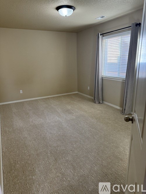 A carpeted room with a door and a window with blinds.