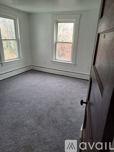 A room with a grey carpet and two windows.