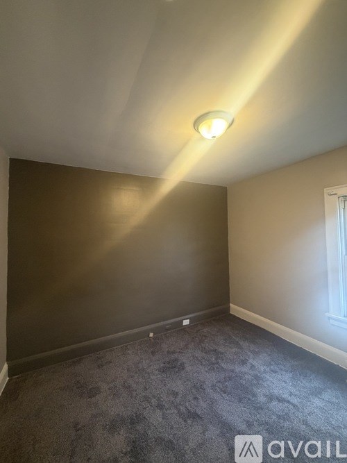A room with a carpeted floor and a light on the ceiling.