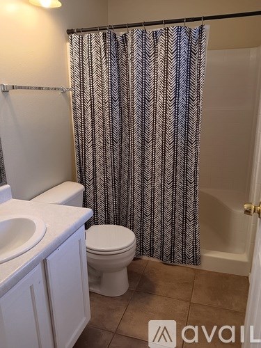 A bathroom with a toilet, sink, and shower curtain.