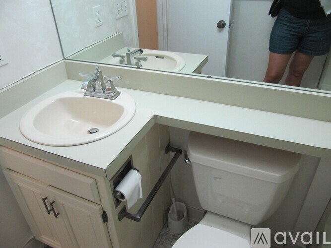 A bathroom with a sink, toilet and mirror.