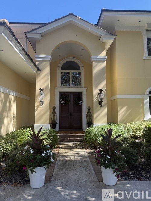 A house with a brown door and two potted plants in front.