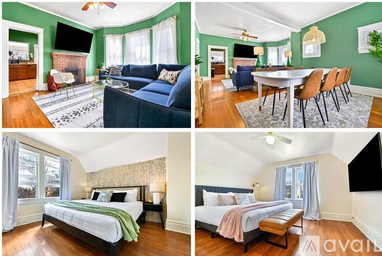 Four images of a bedroom with green walls and wooden floors.