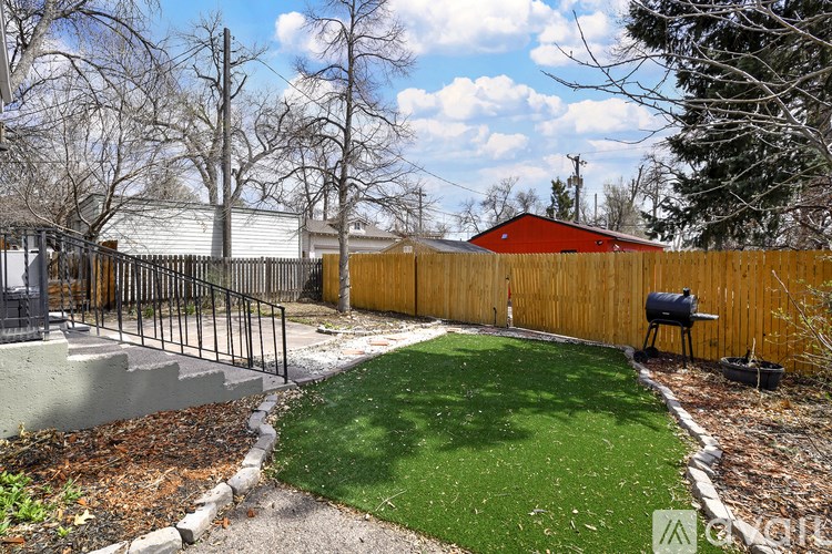 A backyard with a green lawn and a wooden fence.