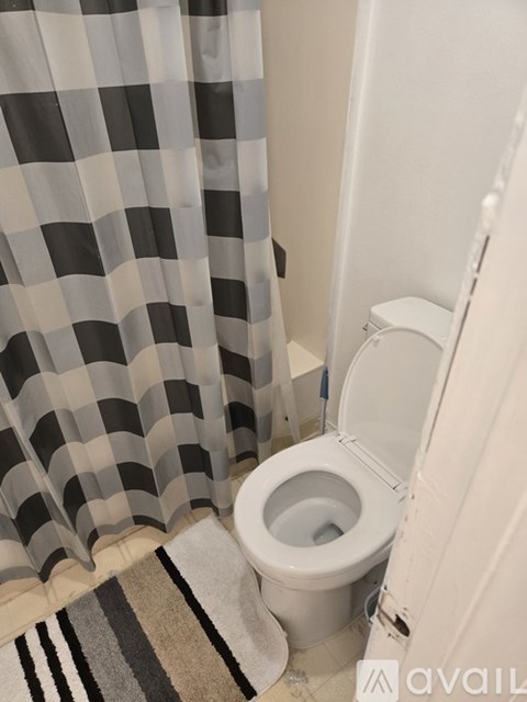 A toilet with a checkered shower curtain in front of it.