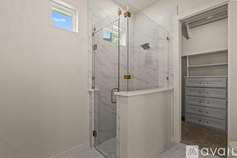 A bathroom with a walk-in shower and a window.