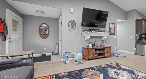 A living room with a grey couch and a rug with a mountain design on it.