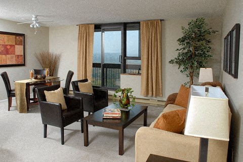 A living room with a brown couch, a coffee table, and a dining table with chairs.