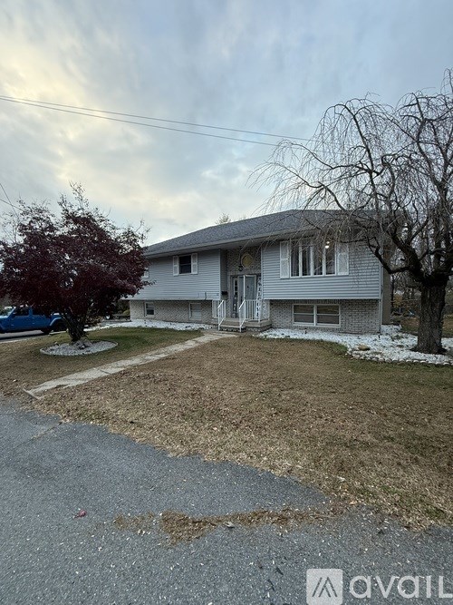 A house with a grey roof and a tree in front of it.