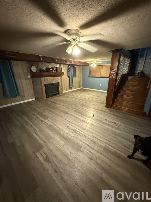A dog is standing in a room with wooden floors and a ceiling fan.