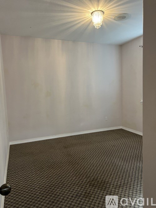 A room with a carpeted floor and a ceiling light.