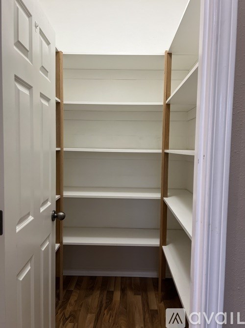 A white door with a black handle is open to a white shelving unit.