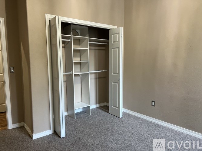A room with a white door and shelves inside.
