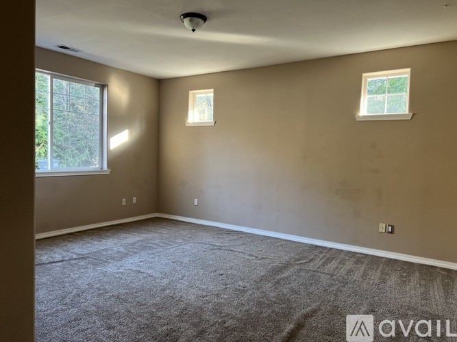 A room with carpeted floor and two windows.