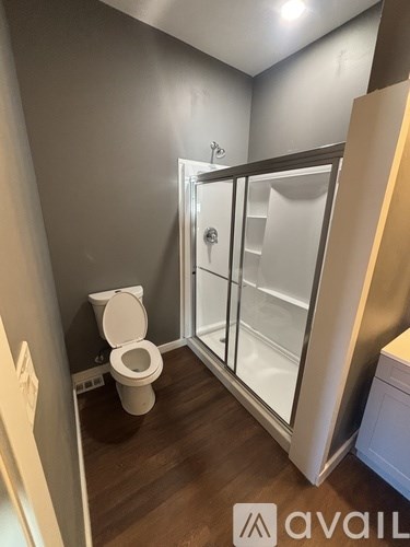 A bathroom with a toilet and a walk-in shower.