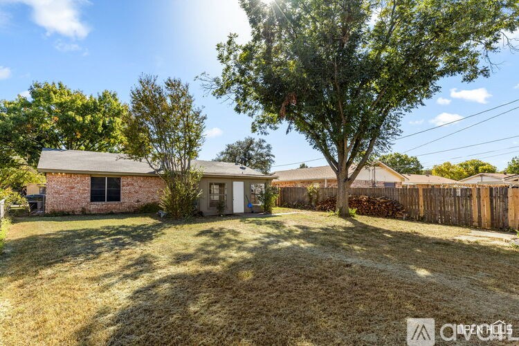 A backyard with a tree, a house, and a fence.