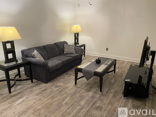 A living room with a grey couch, a black coffee table, and a black television.