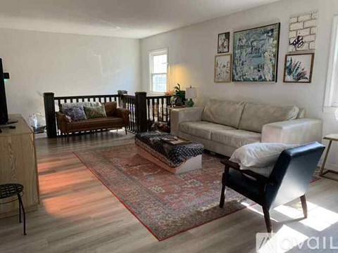 A living room with a couch, chair, and rug.
