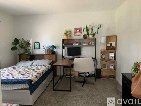 A bedroom with a bed, desk, and chair.