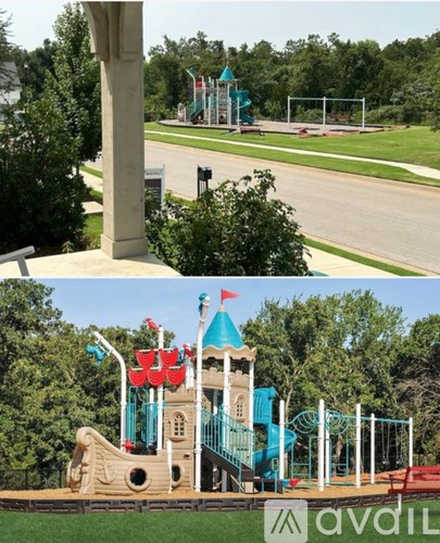 A playground with a slide and a pirate ship theme.