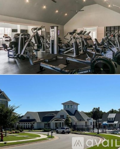 A gym with treadmills and exercise bikes and a house with a driveway.